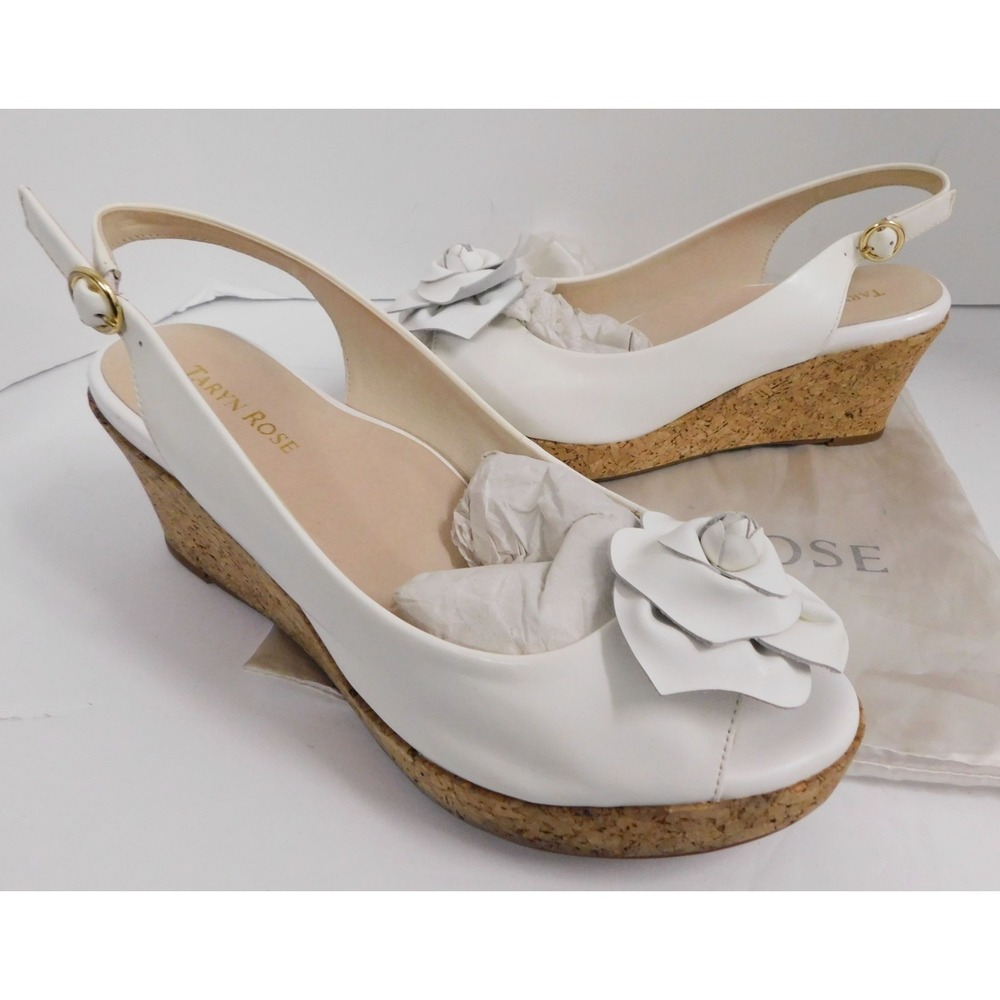 Taryn Rose Star White Leather Sling-Back Heeled Sandals with Rose‎ Detail 10 M